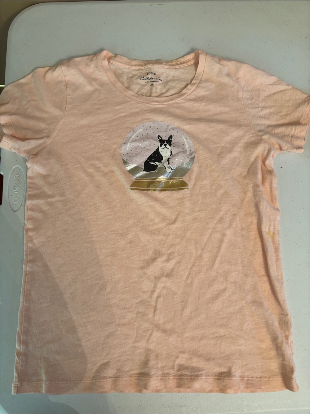 J. Crew Peach Short Sleeve Tee with Dog Snow Globe Graphic